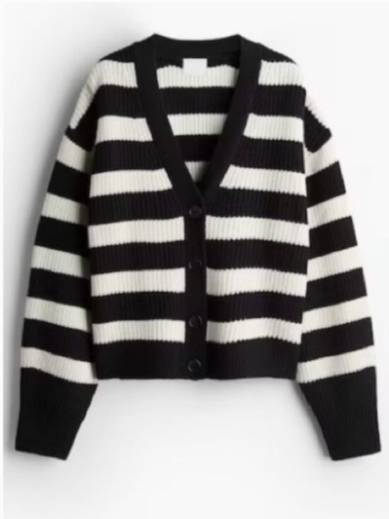 H&M Sweaters - H&M Rib-Knit Cardigan - Black and White Striped